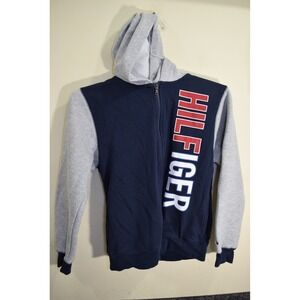 Tommy Hilfiger SPELLOUT Logo Zip Up Hoodie Sweatshirt Blue Gray BOYS L 16 18